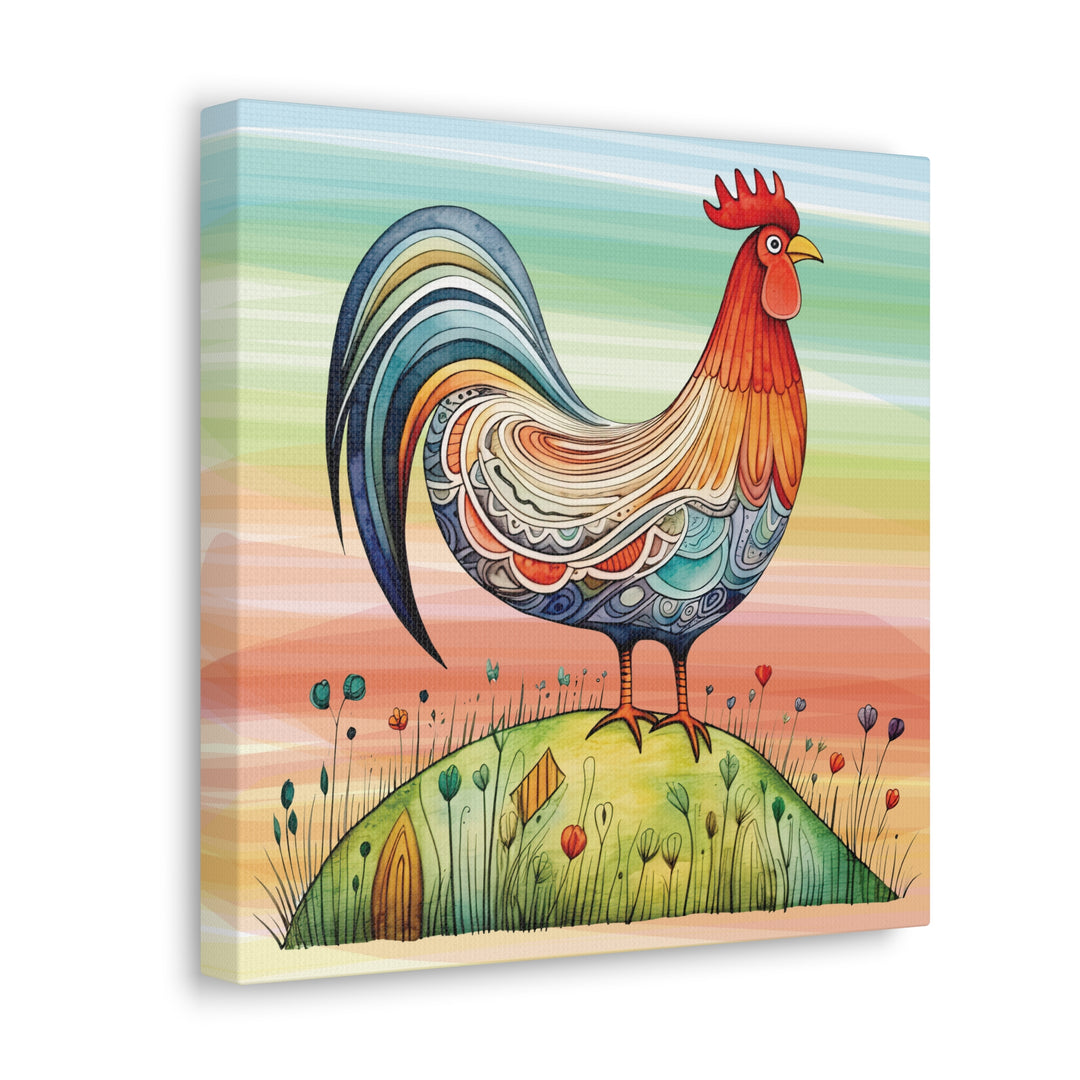 Rainbow Rooster Whimsical Canvas Wall Art