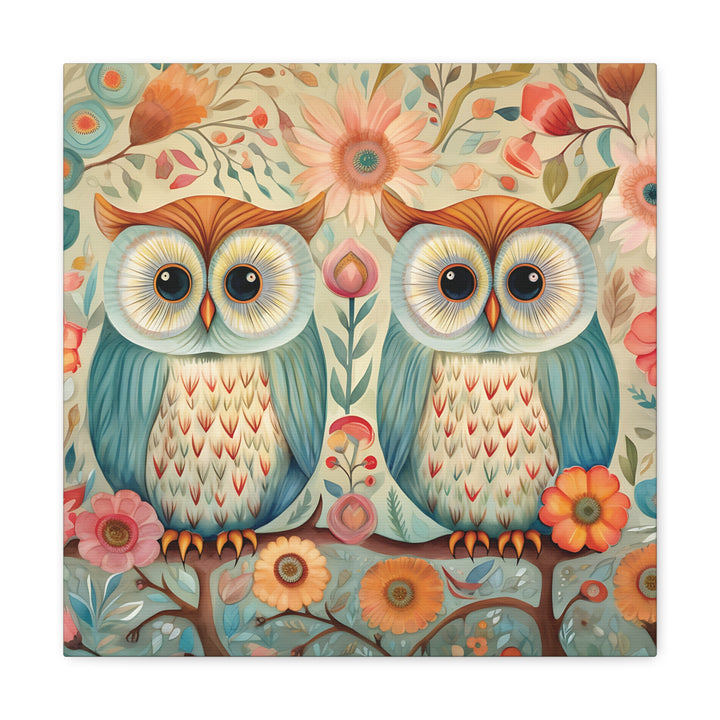 Perched Owls Whimsical Canvas Wall Art