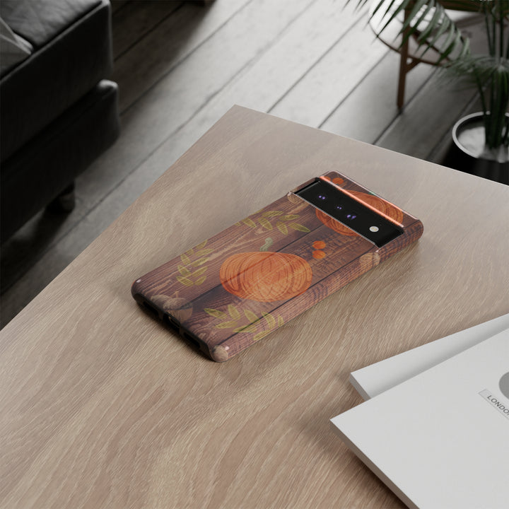 Pumpkin Phone Case - Fall Design on Woodgrain Background