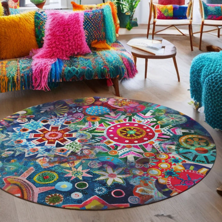 Colorful Snowflake Collage Round Area Rug