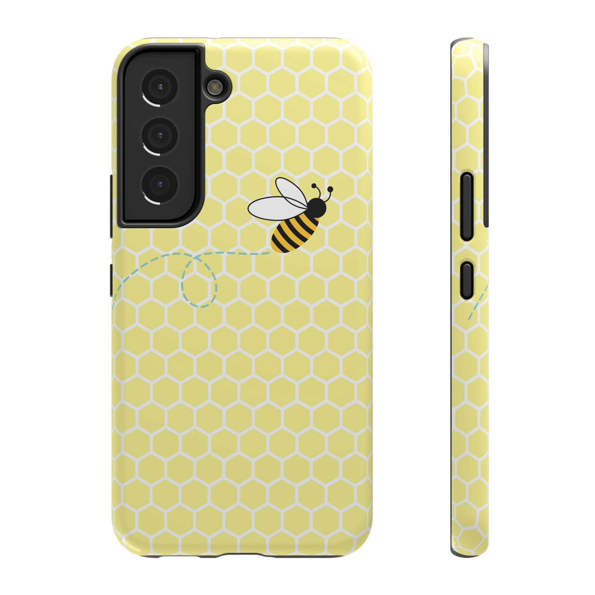 Buzzing bees in black and white printed on a yellow honeycomb