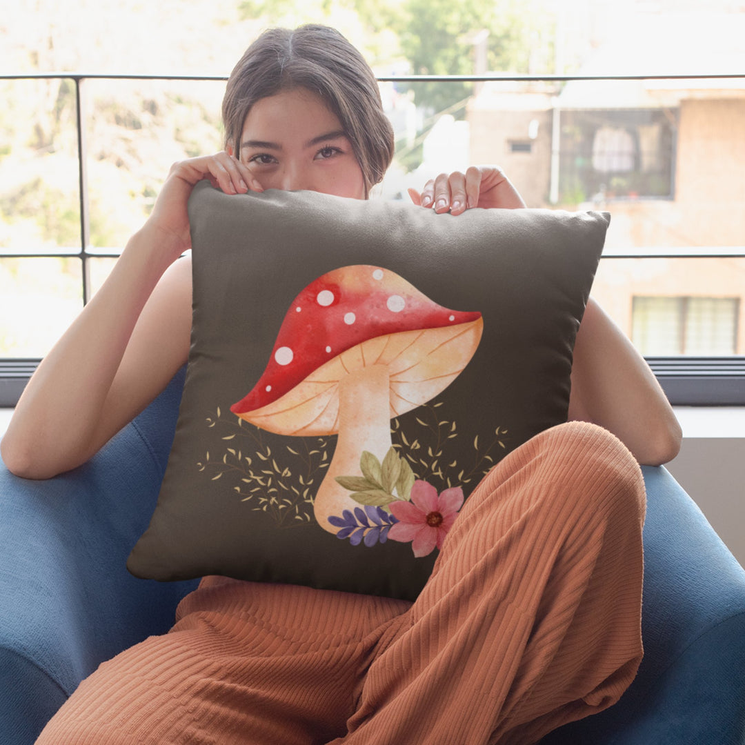 Watercolor Mushroom and Flowers Decorative Throw Pillow